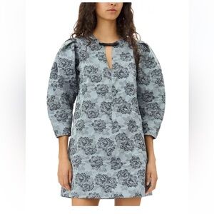Ganni Light Blue & Charcoal Floral Jacquard Shift Dress